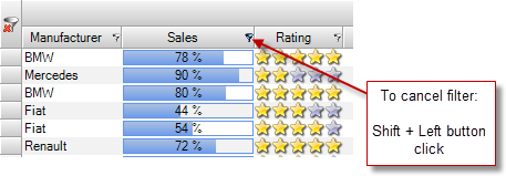 To cancel column filter: Shift + Left button click